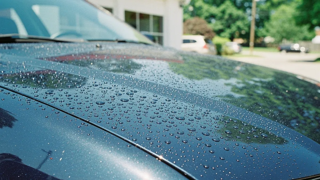 Water beading on the clean paint of a dark car parked in the sun