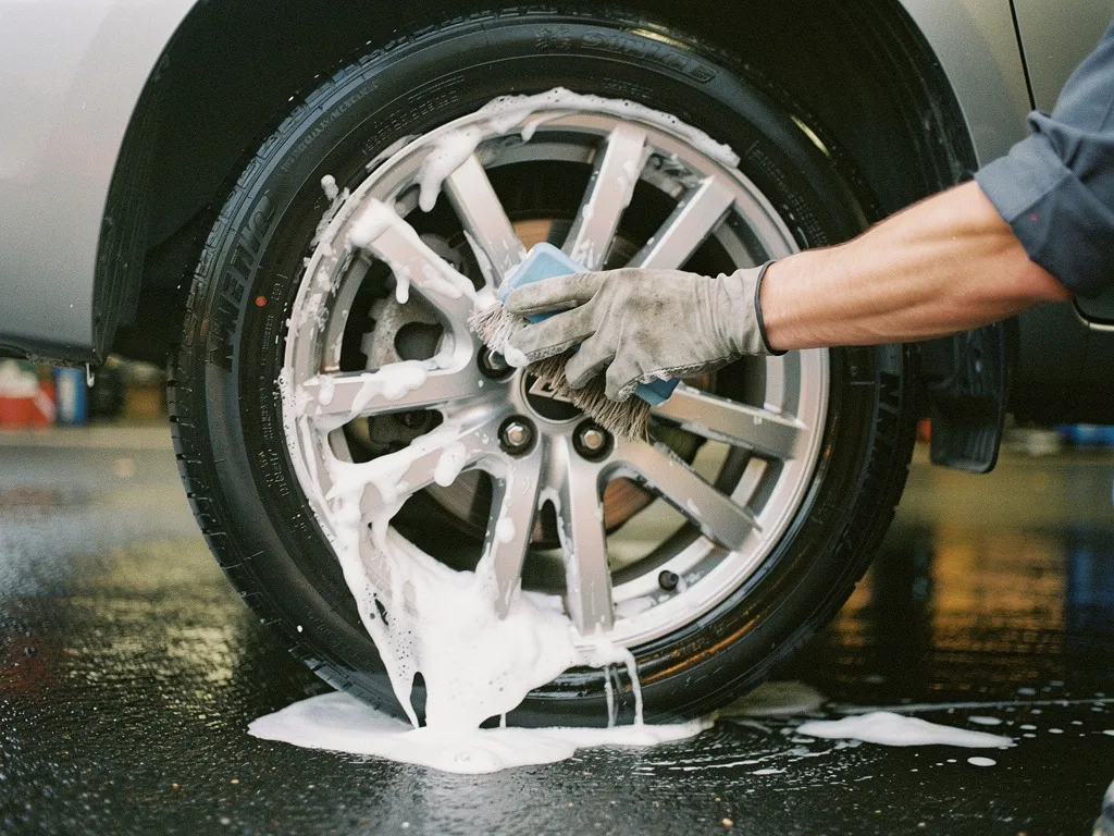 A wheel and tire being scrubbed with a soft brush and suds