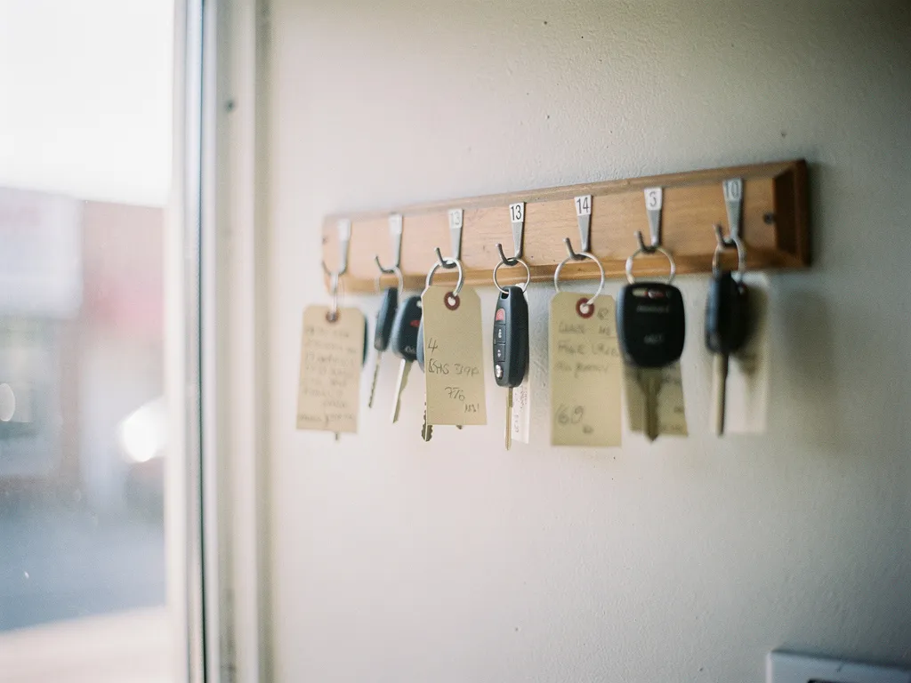A rack of numbered hooks holding car keys on paper tags