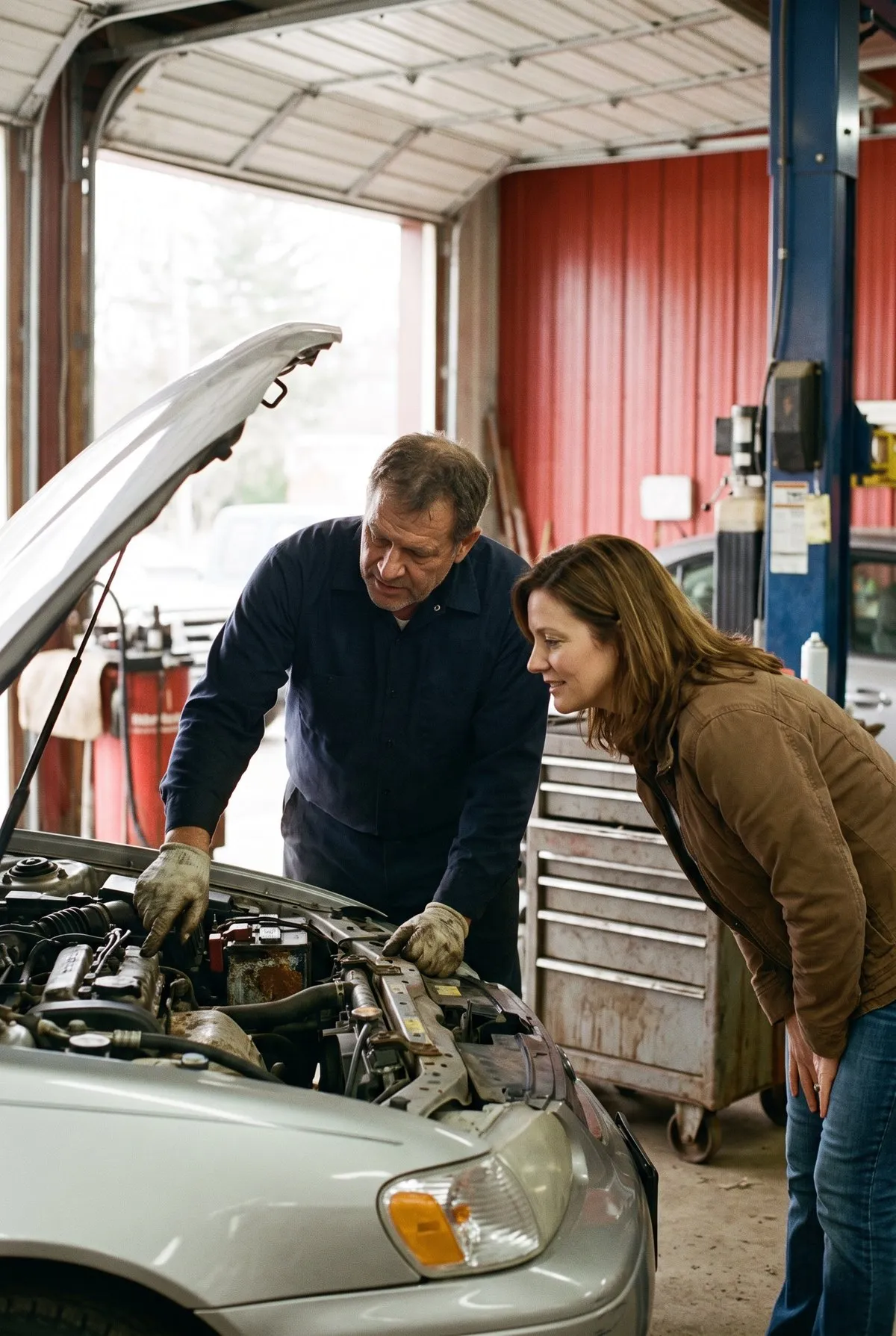 A technician at an open hood showing a customer a part in the engine bay